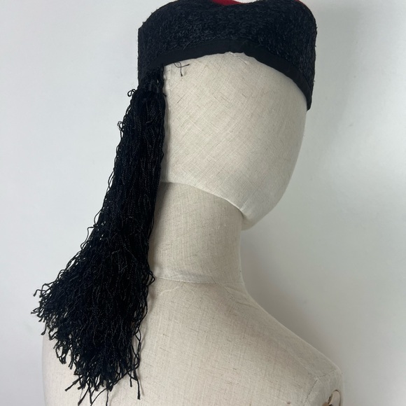 TASSEL FRINGE 1950’s Wool Soutache Embroidered Red and Black Women's Pillbox Hat - Picture 17 of 17